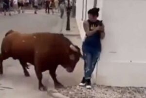 Mujer distraída en su celular es embestida por un toro