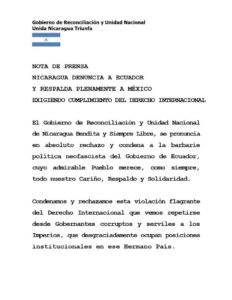 El gobierno de Nicaragua a través de un comunicado “rechazó” y “condenó” lo que consideran una violación flagrante del derecho internacional