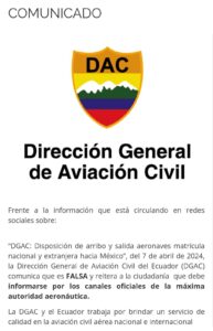 A través de un comunicado oficial, la Dirección General de Aviación Civil del Ecuador (DGAC), desmintió un supuesto documento de esta institución que circula en redes sociales