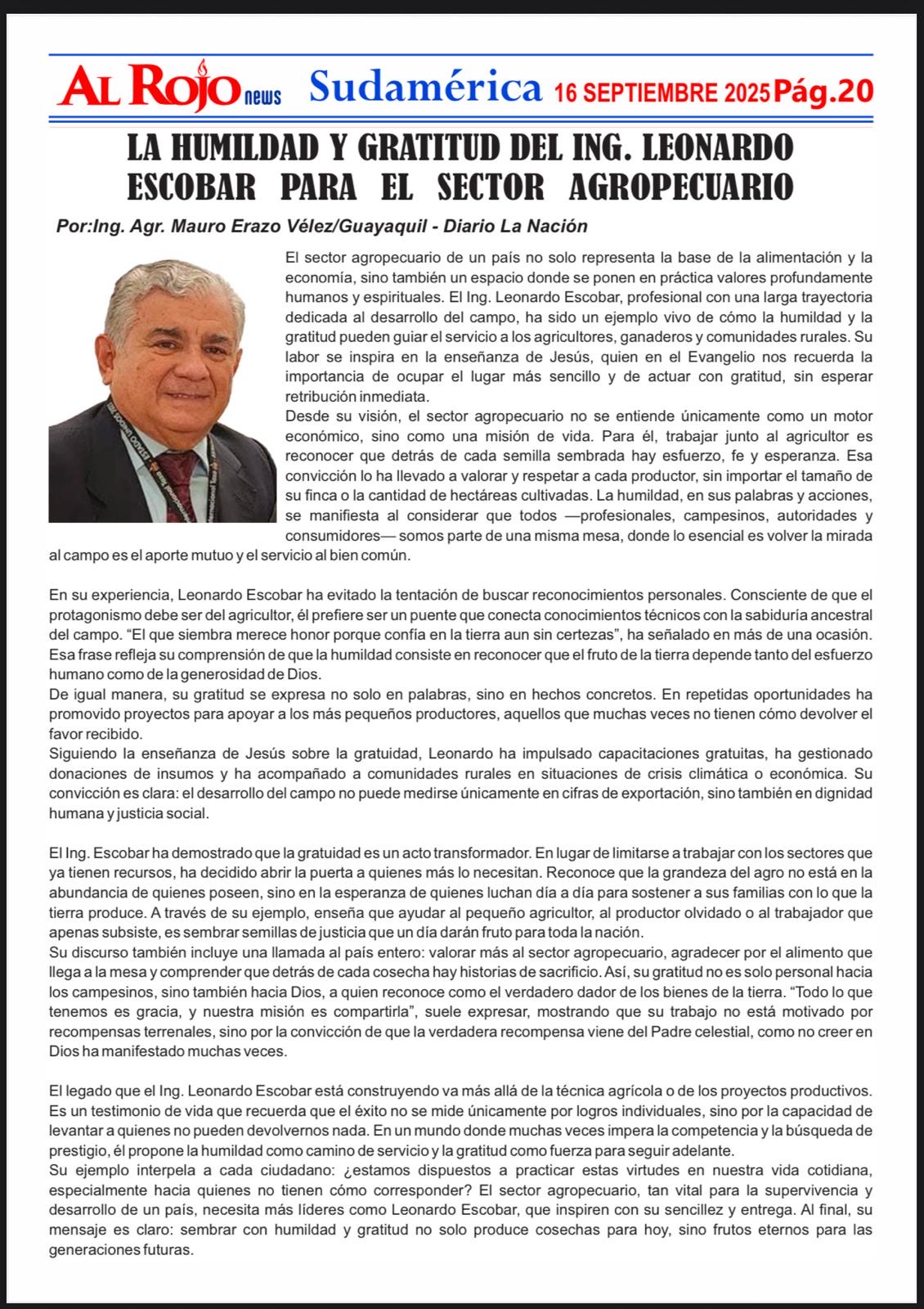 LA HUMILDAD Y GRATITUD DEL ING. LEONARDO ESCOBAR PARA EL SECTOR AGROPECUARIO
