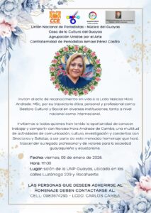 Acto de reconocimiento en vida a la Lcda. Narcisa Mora Andrade, MSc., por su trayectoria ética, personal y profesional como Gestora Cultural y Social en diversas instituciones