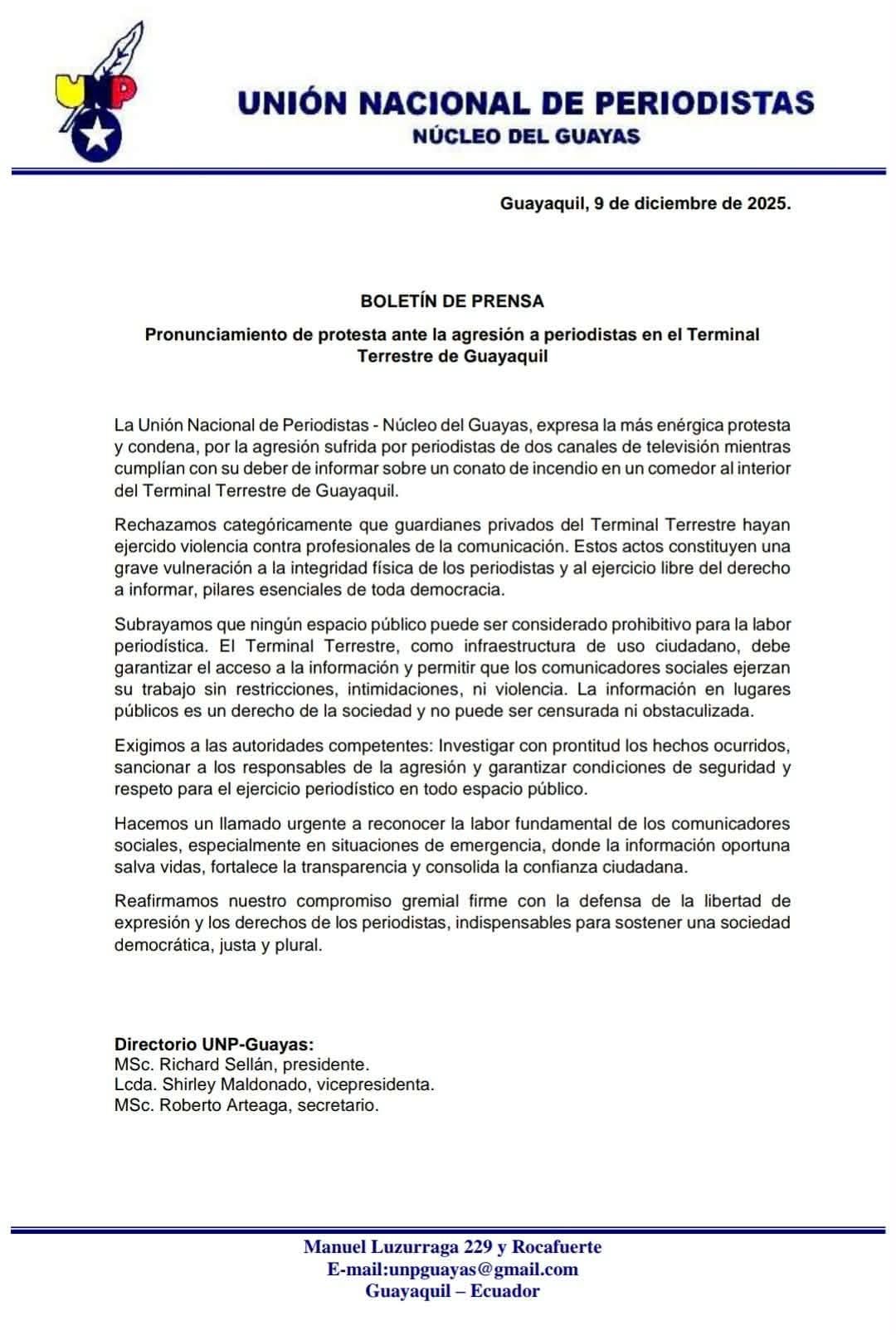 Pronunciamiento de protesta ante la agresión a periodistas en el Terminal Terrestre de Guayaquil