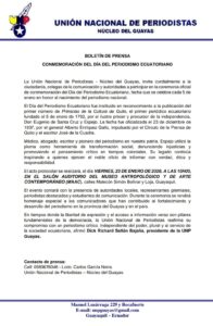 BOLETÍN DE PRENSA: CONMEMORACIÓN DEL DÍA DEL PERIODISMO ECUATORIANO.