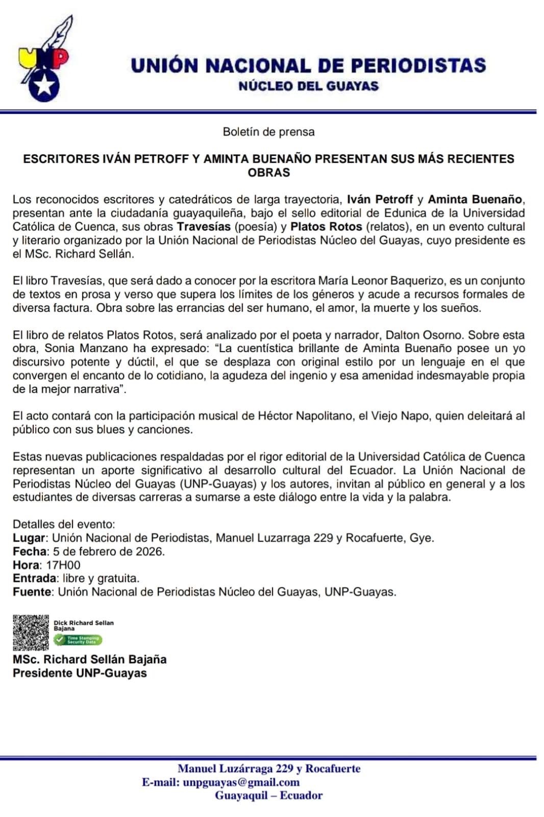 ESCRITORES IVÁN PETROFF Y AMINTA BUENAÑO PRESENTAN SUS MÁS RECIENTES OBRAS