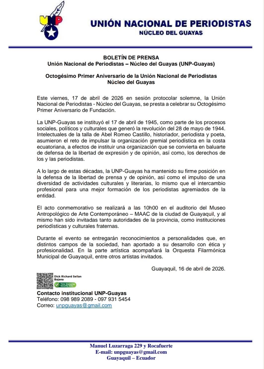 Octogésimo Primer Aniversario de la Unión Nacional de Periodistas Núcleo del Guayas