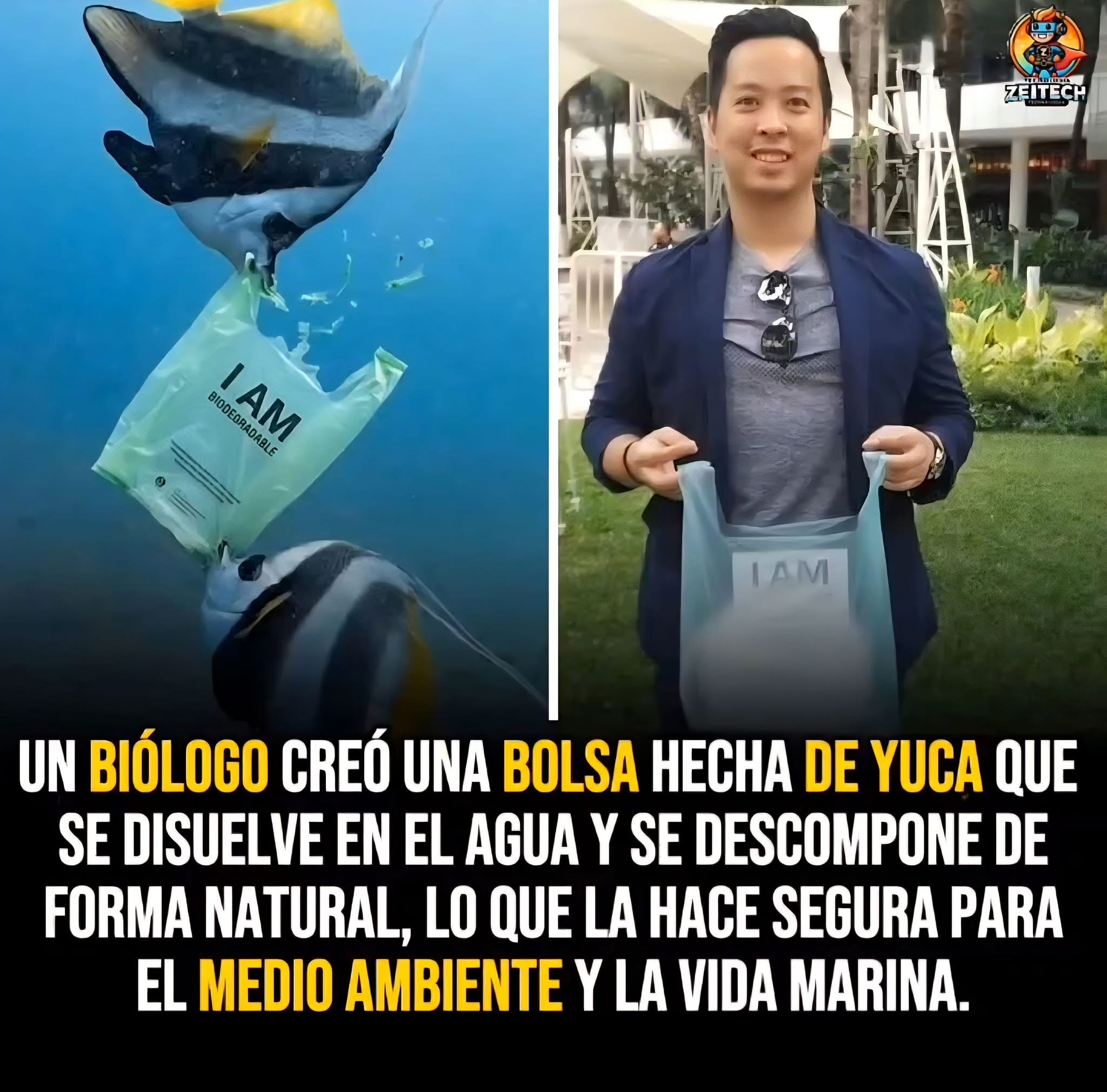 Kevin Kumala presentó una innovadora alternativa ecológica: una bolsa biodegradable hecha de almidón de yuca