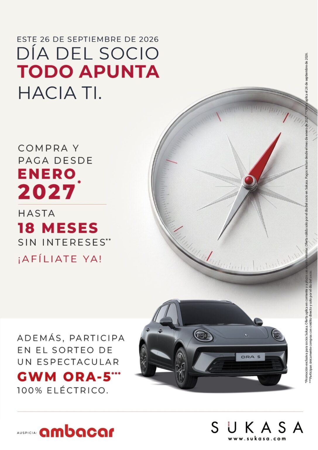 Sukasa celebra el Día del Socio este 26 de septiembre y participa en el sorteo de un GWM Ora 5 EV, 100% eléctrico