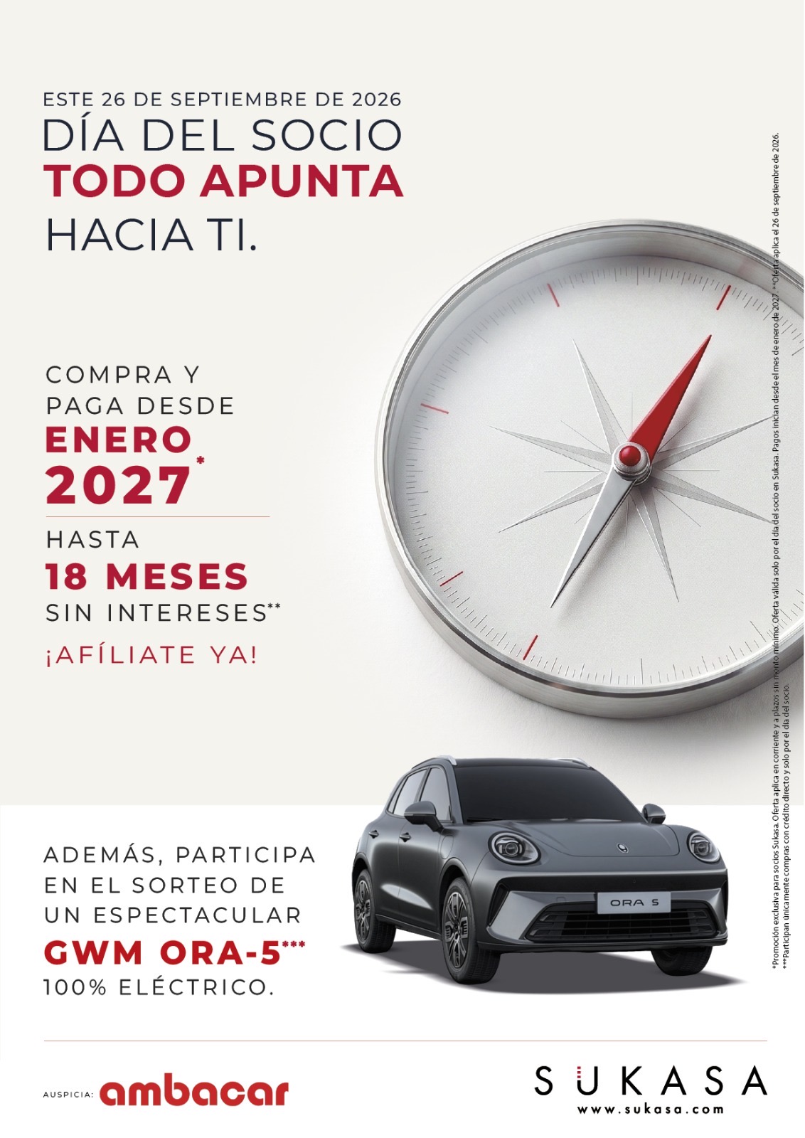 Sukasa celebra el Día del Socio este 26 de septiembre y participa en el sorteo de un GWM Ora 5 EV, 100% eléctrico